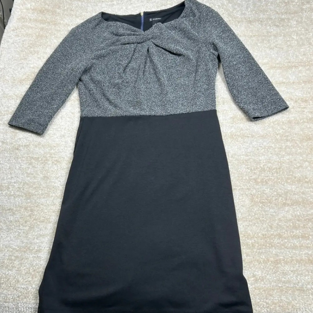 New Directions Womens Modern Sheath Dress Silver Black Twist Neck 8 Blue Zipper
